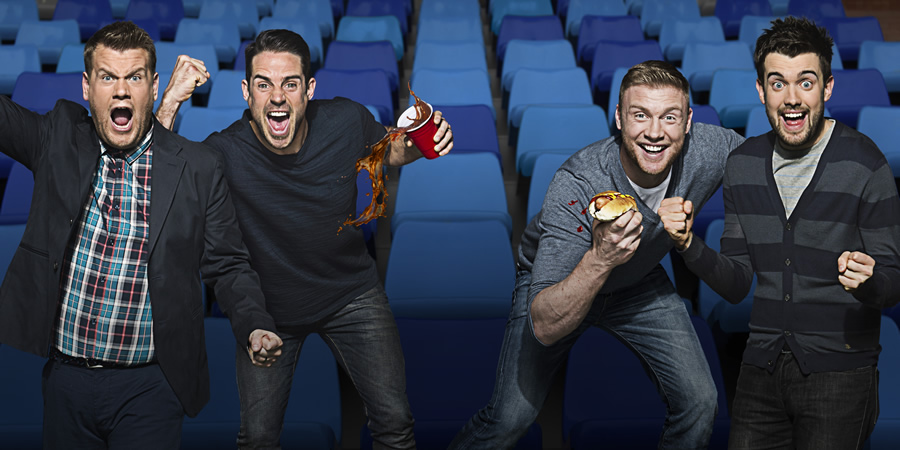 A League Of Their Own. Image shows from L to R: James Corden, Jamie Redknapp, Andrew Flintoff, Jack Whitehall. Copyright: CPL Productions