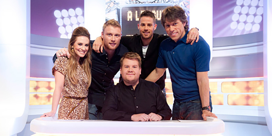 A League Of Their Own. Image shows from L to R: Georgie Ainslie, Andrew Flintoff, James Corden, Jamie Redknapp, John Bishop. Copyright: CPL Productions