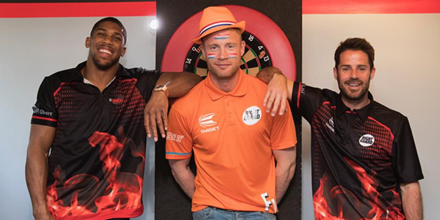 Anthony Joshua, Andrew Flintoff and Jamie Redknapp at the darts. Copyright: CPL Productions