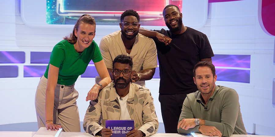 A League Of Their Own. Image shows left to right: Jill Scott, Romesh Ranganathan, Micah Richards, Mo Gilligan, Jamie Redknapp