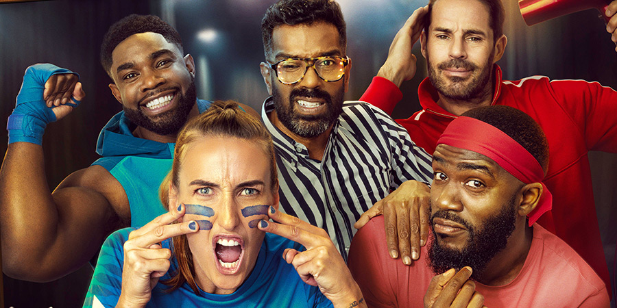 A League Of Their Own. Image shows left to right: Micah Richards, Jill Scott, Romesh Ranganathan, Jamie Redknapp, Mo Gilligan