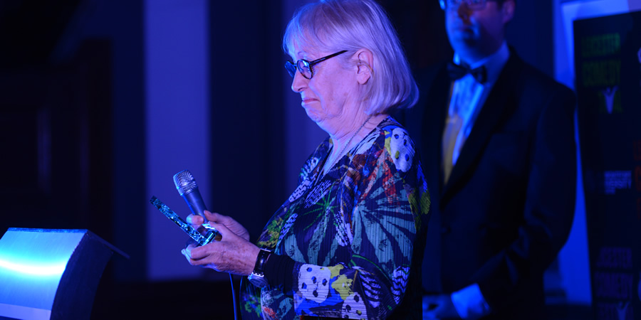 Victoria Wood's sister picking up the comedian's Legend Of Comedy Award at the Leicester Comedy Festival Awards 2017. Rosalind Watson. Copyright: Crosscut Media