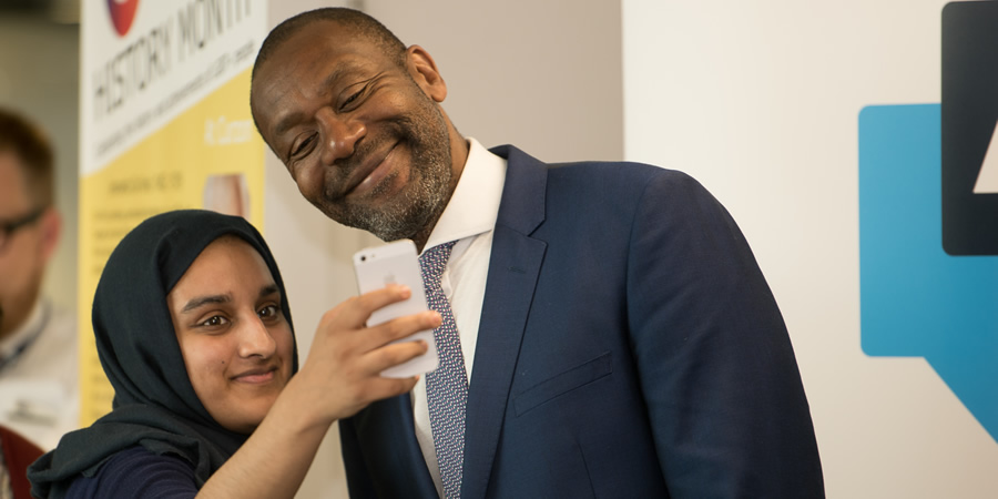 Birmingham City University Chancellor, Sir Lenny Henry stops for a 'selfie' with a student in the institution's new £63 million Curzon Building. Lenny Henry. Copyright: Birmingham City University