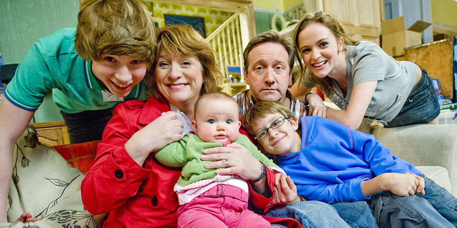 Life Of Riley. Image shows from L to R: Danny Riley (Taylor Fawcett), Maddy Riley (Caroline Quentin), Ted Jackson (Patrick Nolan), Jim Riley (Neil Dudgeon), Katy Riley (Lucinda Dryzek). Copyright: Catherine Bailey Productions Limited