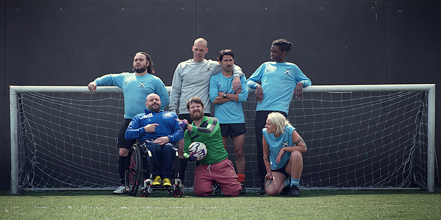 Life On Wheels. Image shows from L to R: Jimmy Chimes (Harry Belcher), Barry Wright (Andy Dear), Tommy O'Conner (Jamie McDonald), Joe Dear (Simon Killick), Amaraj Anand (Paul Sangam), August Ford Walters (Jayden JP Denis), Ruth Kennedy (Holly Rose Hawgood)