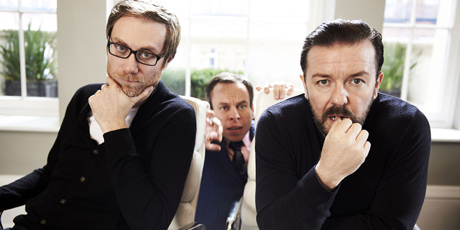 Life's Too Short. Image shows from L to R: Stephen (Stephen Merchant), Warwick (Warwick Davis), Ricky (Ricky Gervais). Copyright: BBC