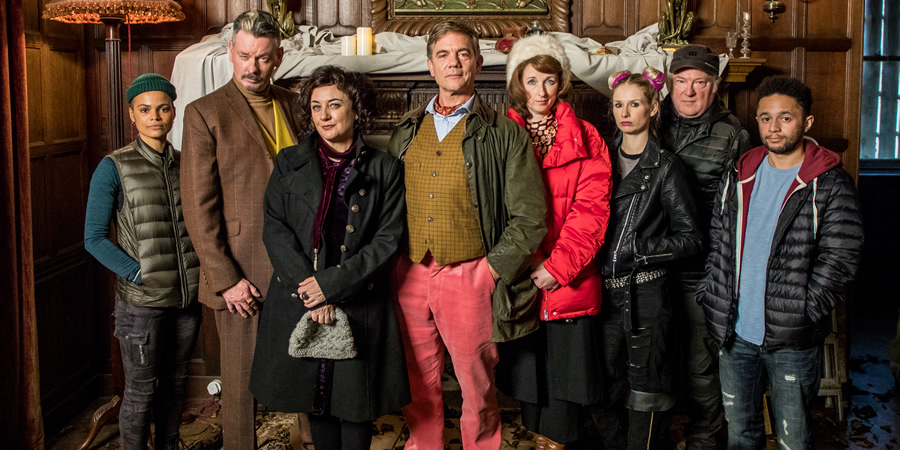 Long Night At Blackstone. Image shows from L to R: Diane (Natali McLeary), Pat Tomorrow (John Gordon Sinclair), Faye Bowers (Lorraine McIntosh), Laird of Blackstone (John Michie), Dominique (Julie Wilson Nimmo), Susie (Lorna Craig), Charlie (Lewis Howden), Toby (Michael Abubakar)