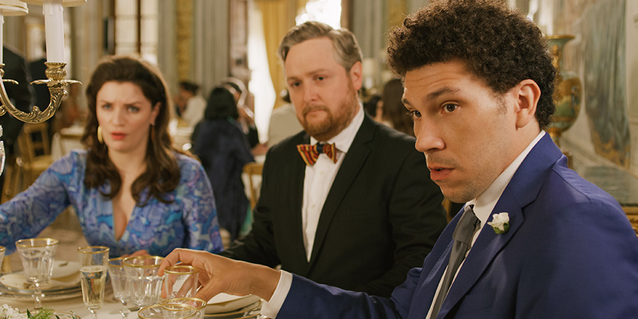 Love Wedding Repeat. Image shows from L to R: Rebecca (Aisling Bea), Sidney (Tim Key), Bryan (Joel Fry)