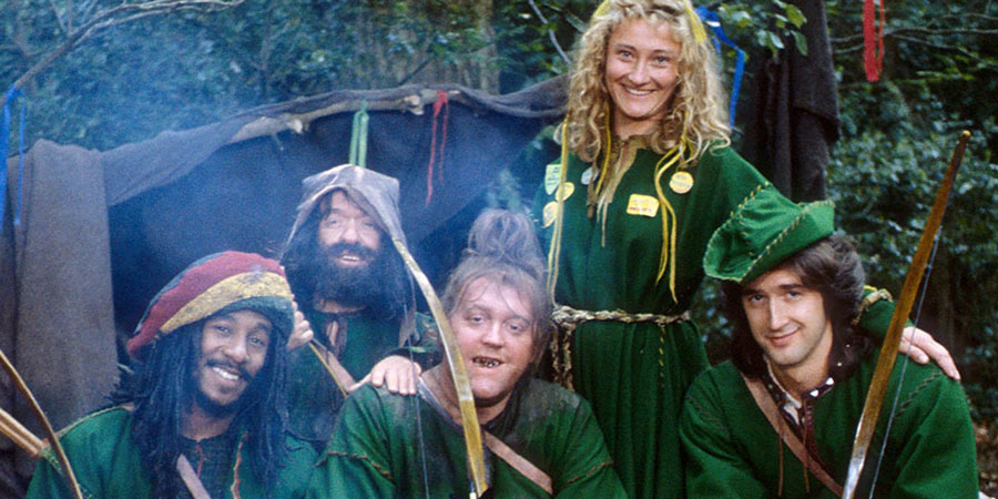 Maid Marian And Her Merry Men. Image shows from L to R: Barrington (Danny John-Jules), Little Ron (Mike Edmonds), Rabies (Howard Lew Lewis), Maid Marian (Kate Lonergan), Robin (Adam Morris). Copyright: BBC