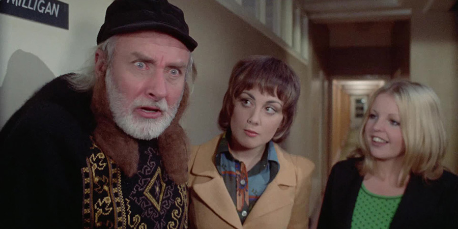 Man About The House. Image shows left to right: Spike Milligan, Chrissy Plummer (Paula Wilcox), Jo (Sally Thomsett)