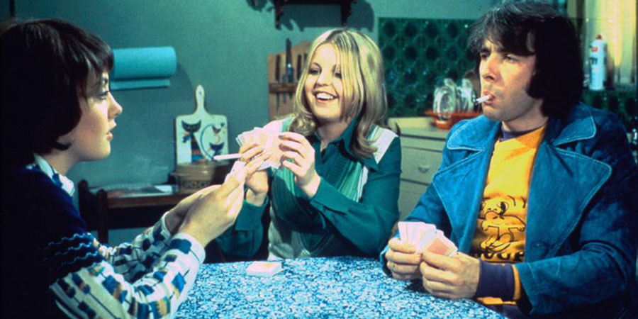 Man About The House. Image shows from L to R: Chrissy Plummer (Paula Wilcox), Jo (Sally Thomsett), Robin Tripp (Richard O'Sullivan). Copyright: Hammer Film Productions