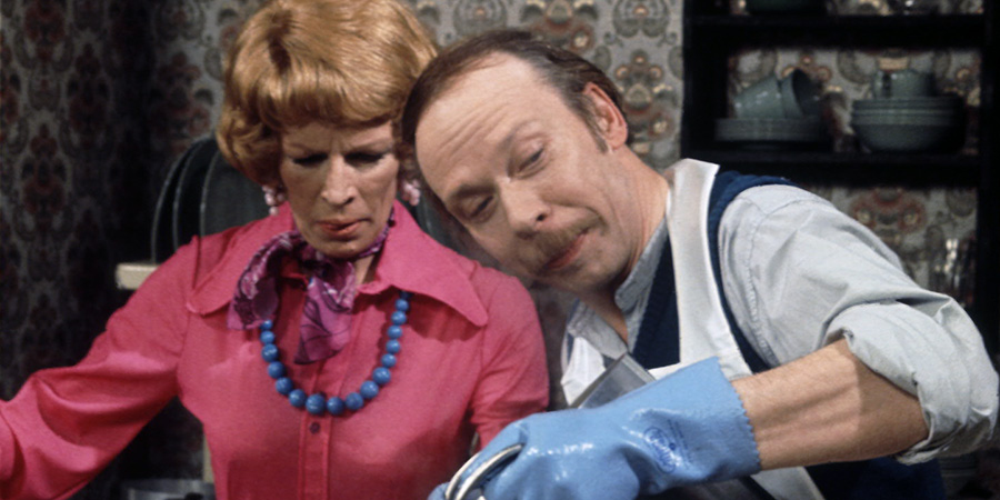 Man About The House. Image shows left to right: Mildred Roper (Yootha Joyce), George Roper (Brian Murphy). Credit: Thames Television