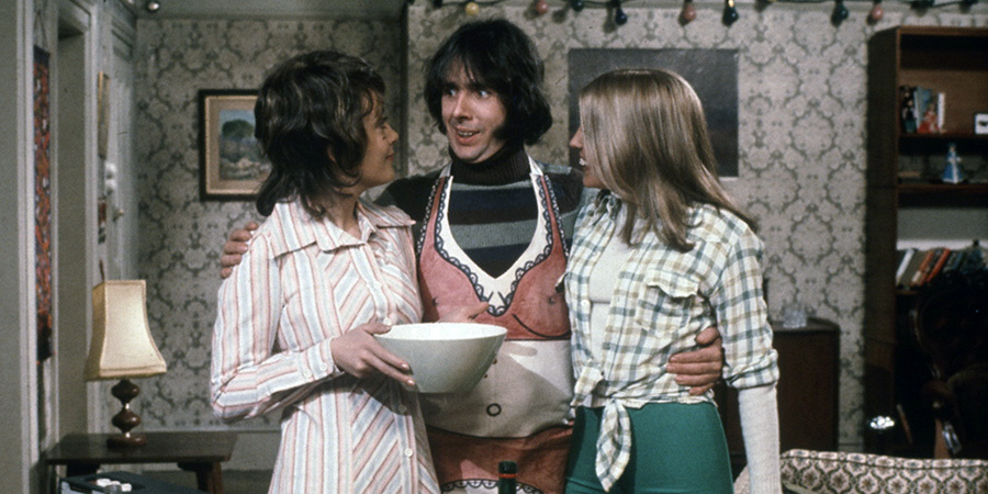 Man About The House. Image shows left to right: Chrissy Plummer (Paula Wilcox), Robin Tripp (Richard O'Sullivan), Jo (Sally Thomsett). Credit: Thames Television