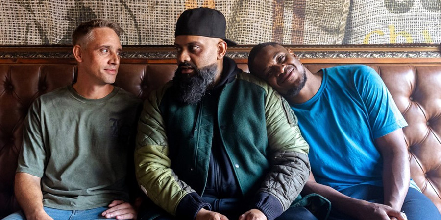 Man Like Mobeen. Image shows left to right: Officer Harper (Perry Fitzpatrick), Mobeen (Guz Khan), Nate (Tolulope Ogunmefun)