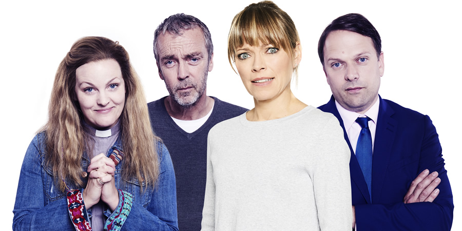 Marley's Ghosts. Image shows from L to R: Vicar (Jo Joyner), Adam Wise (John Hannah), Marley Wise (Sarah Alexander), Michael Walton (Nicholas Burns)