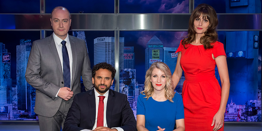 The Mash Report. Image shows from L to R: Newsreader Tom (Steve N Allen), Nish Kumar, Rachel / Emma (Rachel Parris), Newsreader Susan (Ellie Taylor)