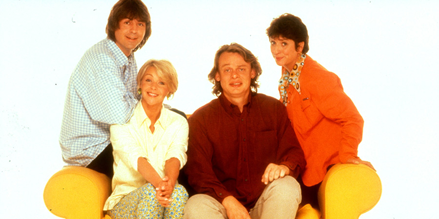 Men Behaving Badly. Image shows left to right: Tony Smart (Neil Morrissey), Deborah (Leslie Ash), Gary Strang (Martin Clunes), Dorothy (Caroline Quentin)