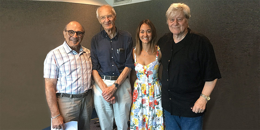 Michael Frayn's Magic Mobile. Image shows from L to R: David Suchet, Michael Frayn, Susannah Fielding, Martin Jarvis. Copyright: Jarvis and Ayres Productions