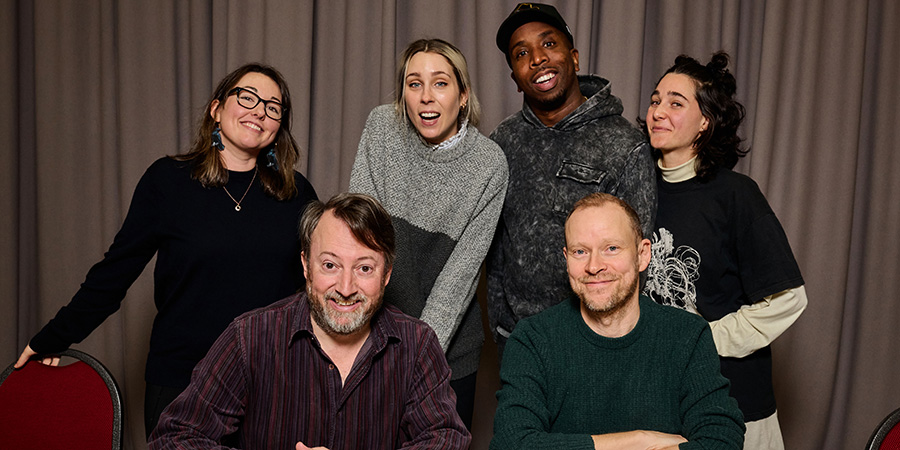 Mitchell & Webb. Image shows left to right: Krystal Evans, David Mitchell, Stevie Martin, Kiell Smith-Bynoe, Robert Webb, Lara Ricote. Credit: That Mitchell & Webb Company