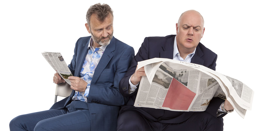 Mock The Week. Image shows from L to R: Hugh Dennis, Dara O Briain. Copyright: Angst Productions