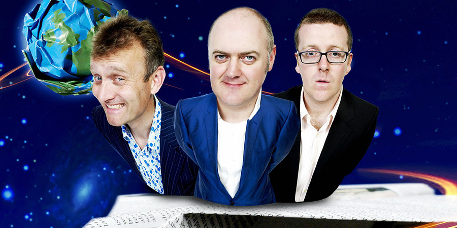 Mock The Week. Image shows left to right: Hugh Dennis, Dara O Briain, Frankie Boyle