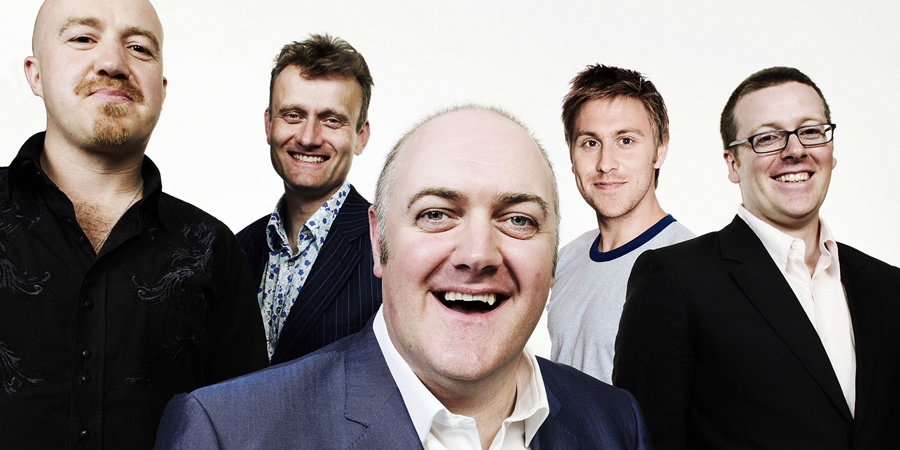 Mock The Week. Image shows from L to R: Andy Parsons, Hugh Dennis, Dara O Briain, Russell Howard, Frankie Boyle. Copyright: Angst Productions