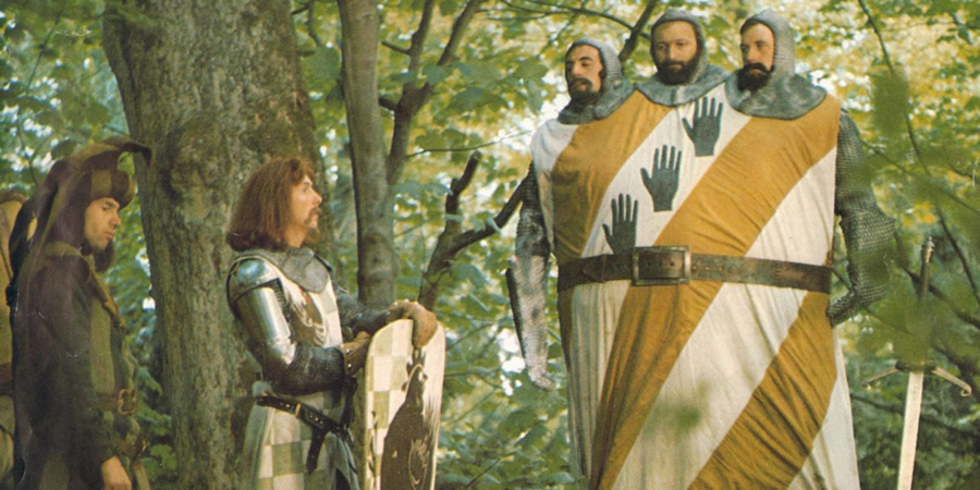 Monty Python And The Holy Grail. Image shows from L to R: Neil Innes, Eric Idle, Terry Jones, Graham Chapman, Michael Palin. Copyright: Hand Made Films