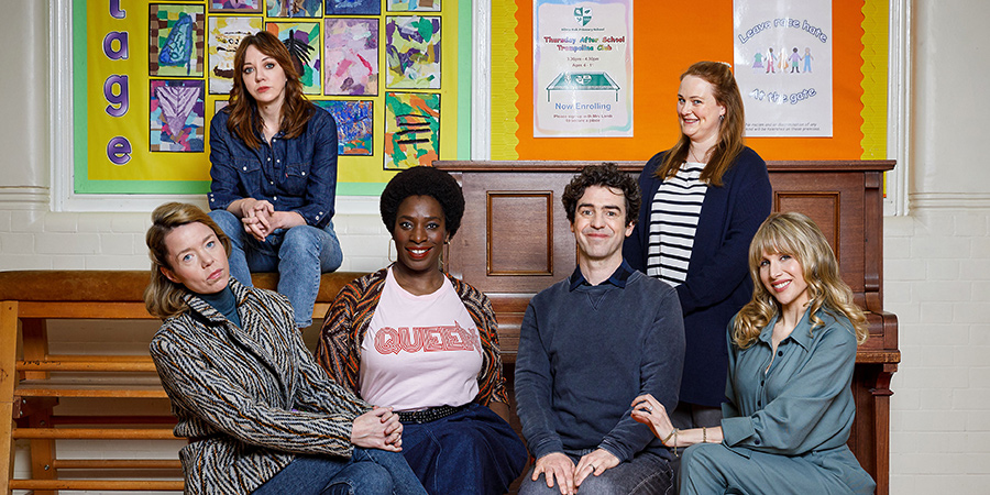 Motherland. Image shows from L to R: Julia (Anna Maxwell Martin), Liz (Diane Morgan), Meg (Tanya Moodie), Kevin (Paul Ready), Anne (Philippa Dunne), Amanda (Lucy Punch)