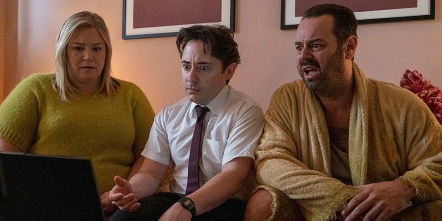 Mr. Bigstuff. Image shows left to right: Kirsty (Harriet Webb), Glen (Ryan Sampson), Lee (Danny Dyer). Credit: Sky Mr. Bigstuff. Image shows left to right: Kirsty (Harriet Webb), Glen (Ryan Sampson), Lee (Danny Dyer). Credit: Sky