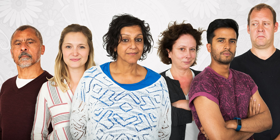 Mrs Sidhu Investigates. Image shows from L to R: Mr Varma (Vincent Ebrahim), Jemma Broghan (Amy Morgan), Mrs Sidhu (Meera Syal), Mrs Broghan (Rachel Atkins), Tez (Hamza Jeetooa), Inspector Burton (Justin Edwards). Copyright: ABsoLuTeLy Productions