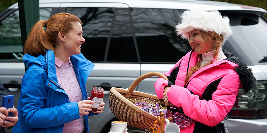 Murder, They Hope. Image shows from L to R: Gemma (Sian Gibson), Monica (Sarah Hadland). Copyright: Shiny Button Productions