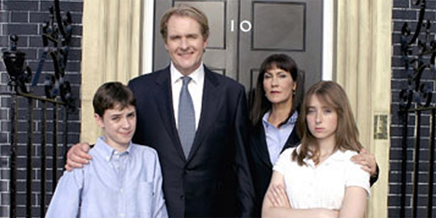 My Dad's The Prime Minister. Image shows from L to R: Dillon Phillips (Joe Prospero), Prime Minister Michael Phillips (Robert Bathurst), Clare Phillips (Carla Mendonca), Sarah Phillips (Emma Sackville)