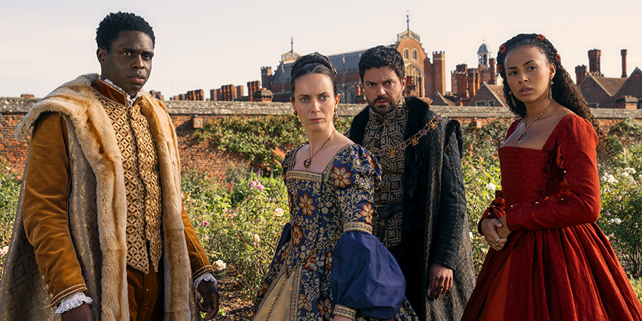 My Lady Jane. Image shows left to right: King Edward (Jordan Peters), Princess Mary (Kate O'Flynn), Lord Seymour (Dominic Cooper), Princess Bess (Abbie Hern)