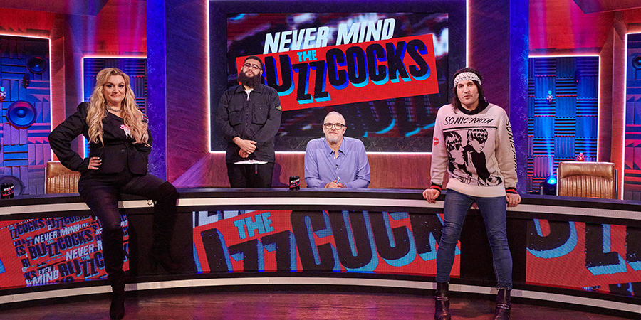 Never Mind The Buzzcocks. Image shows from L to R: Daisy May Cooper, Jamali Maddix, Greg Davies, Noel Fielding