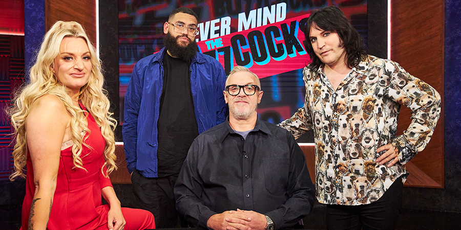 Never Mind The Buzzcocks. Image shows left to right: Daisy May Cooper, Jamali Maddix, Greg Davies, Noel Fielding