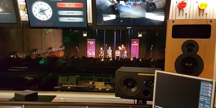 A picture taken from the control room at the BBC Radio Theatre as Newsjack is recorded on the 13th September. Copyright: BBC