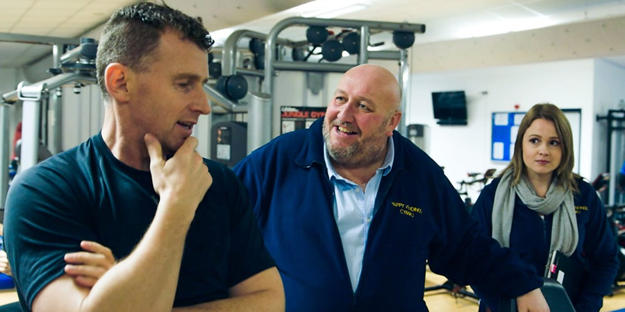 Nige. Image shows from L to R: Nigel (Nigel Owens), Wynne (Steve Speirs), Michelle (Kimberley Nixon). Copyright: BBC