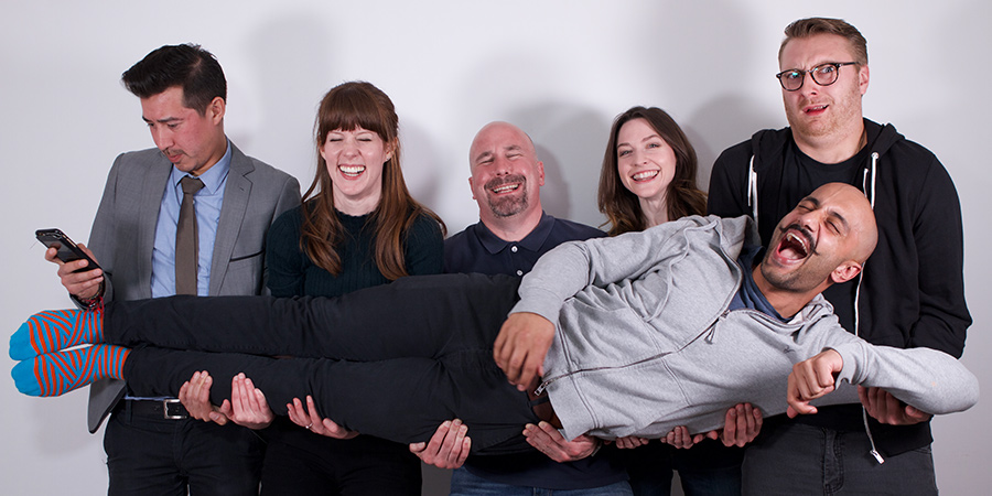 NightwatchMan. Image shows from L to R: Terry Toucan (Jay Oliver Yip), Dina Desmond (Georgina Patrick), Dr Ivamin (Chris Lawrence), Rose Thorn (Katie Sheridan), DayWatchman (Ashley Bates), NightwatchMan (Hamza Siddique)