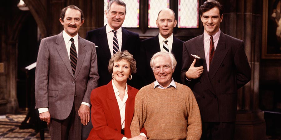 No Job For A Lady. Image shows from L to R: Ken Miller (Paul Young), Sir Godfrey Eagan (George Baker), Jean Price (Penelope Keith), Geoff (Mark Kingston), Norman (Garfield Morgan), Tim (Jonathan Dow). Copyright: Thames Television