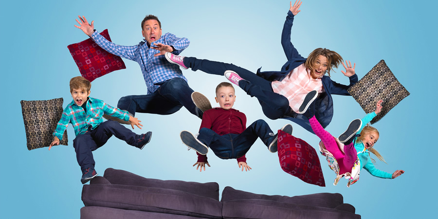 Not Going Out. Image shows from L to R: Benji (Max Pattison), Lee (Lee Mack), Charlie (Finley Southby), Lucy (Sally Bretton), Molly (Francesca Newman)