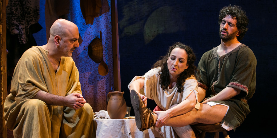 NotMoses. Dana Haqjoo (Pharoah), Antonia Davies (Aviva), Greg Barnett (NotMoses). Copyright: Darren Bell