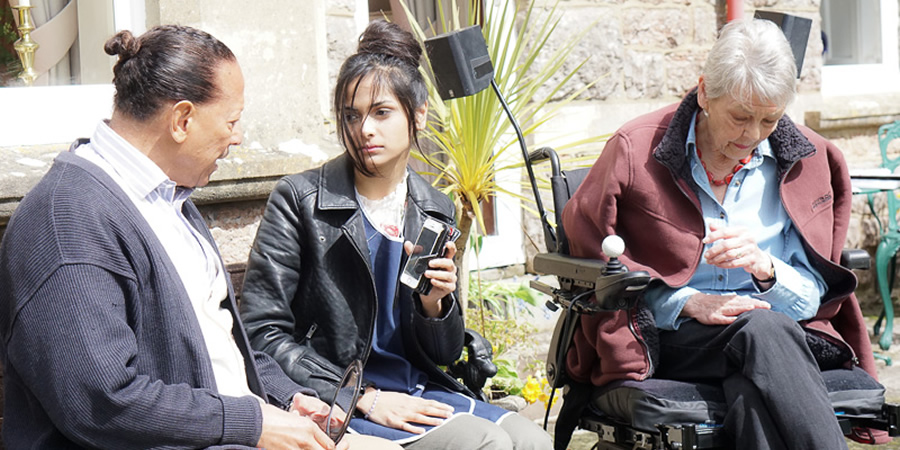 Old. Image shows from L to R: Fred (Peter Straker), Joy (Monisha Gohil), Jenny (Janie Gray). Copyright: Madelaine Couch