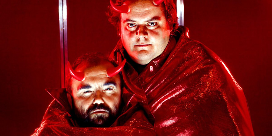 Old Harry's Game. Image shows from L to R: Satan (Andy Hamilton), Gary (Steven O'Donnell). Copyright: BBC