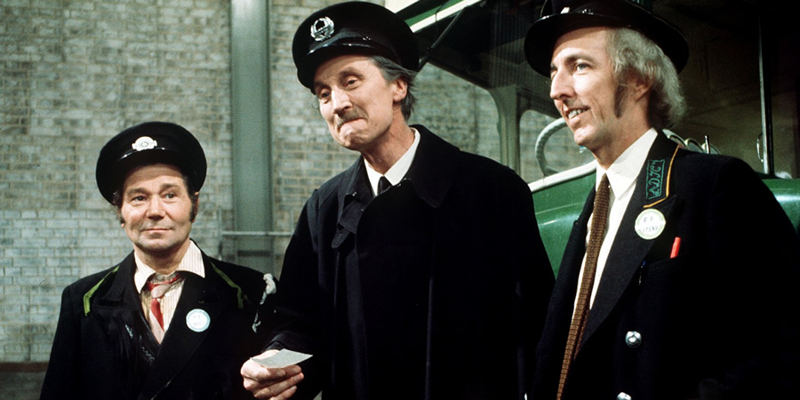 On The Buses. Image shows from L to R: Stan Butler (Reg Varney), Inspector Blake (Stephen Lewis), Jack Harper (Bob Grant). Copyright: London Weekend Television