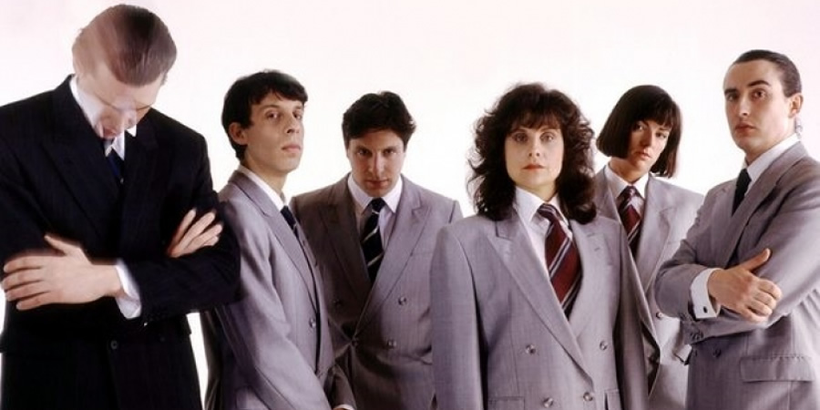 On The Hour. Image shows from L to R: Chris Morris, David Schneider, Patrick Marber, Rebecca Front, Doon Mackichan, Steve Coogan. Copyright: BBC