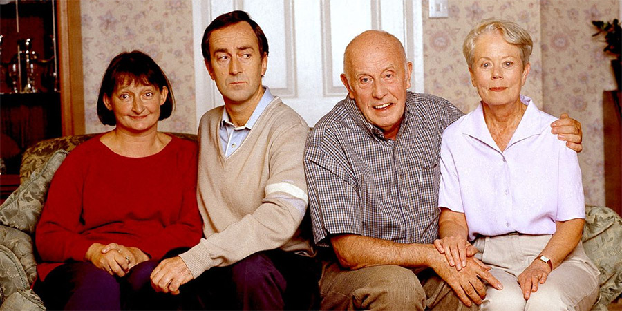 One Foot In The Grave. Image shows from L to R: Pippa Trench (Janine Duvitski), Patrick Trench (Angus Deayton), Victor Meldrew (Richard Wilson), Margaret Meldrew (Annette Crosbie)