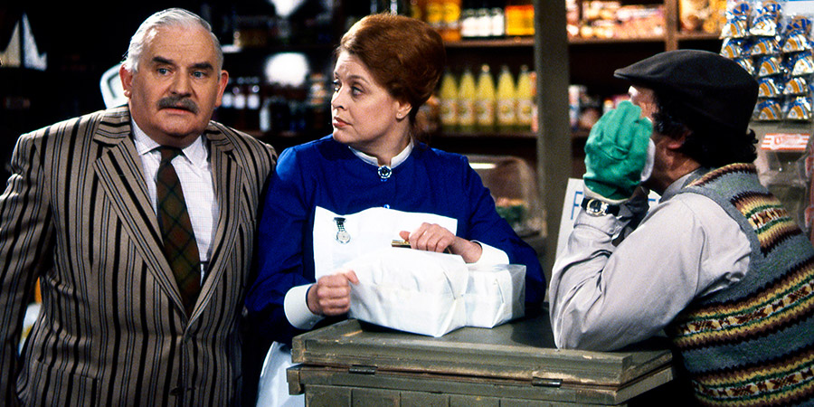 Open All Hours. Image shows from L to R: Albert Arkwright (Ronnie Barker), Nurse Gladys Emmanuel (Lynda Baron), Granville (David Jason). Copyright: BBC