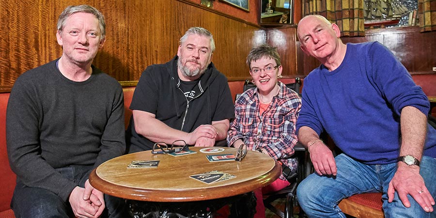 Orphans Reunited. Image shows from L to R: Douglas Henshall, Stephen McCole, Rosemarie Stevenson, Gary Lewis. Copyright: Hopscotch Films