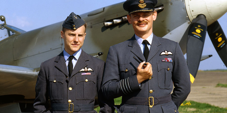 Over Here. Image shows from L to R: Archie Bunting (Samuel West), Group Captain Barker (Martin Clunes). Copyright: BBC