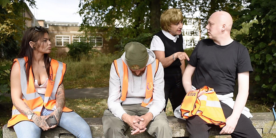 Paybackers. Image shows from L to R: Ellie (Sarah Hutchinson), Shrimpy (Lee McHale), Ms Bucktrout (Beverley Jacques), Goober (Liam Tulley)